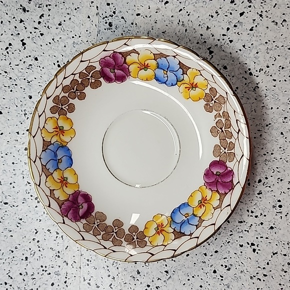 Vintage Delphine Teacup & Saucer Bone China Pink Yellow Blue Flower Gold Rimmed - Picture 3 of 6